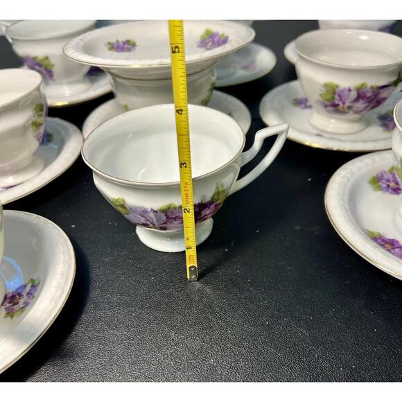 P.A.L.T. Czechoslovakia Vintage 1930s Violets Gold Trim 9 Sets Cups Saucers